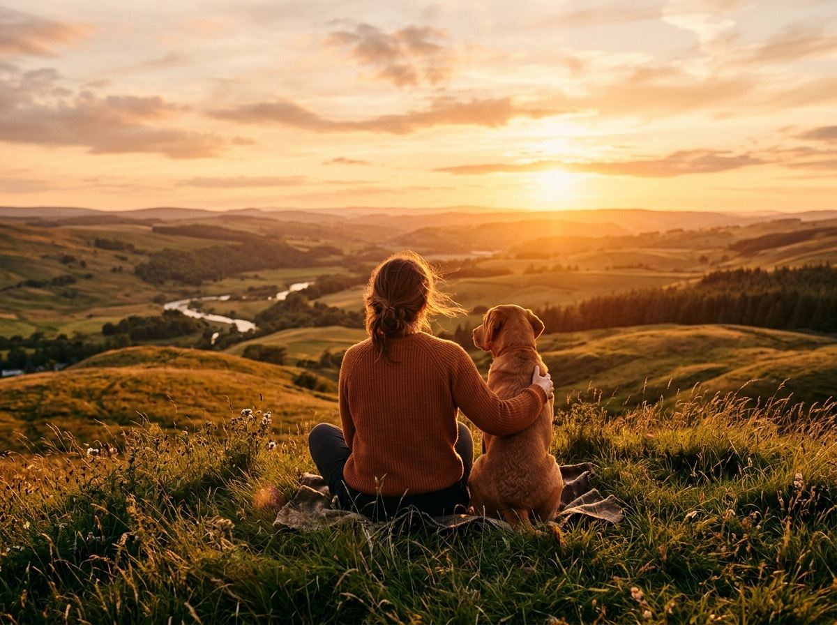 Person sitting with dog at sunset